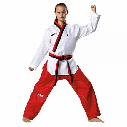 Kwon Poomsae Dobok (Poom Neck Black & Red) for Girls - Valetica Sports
