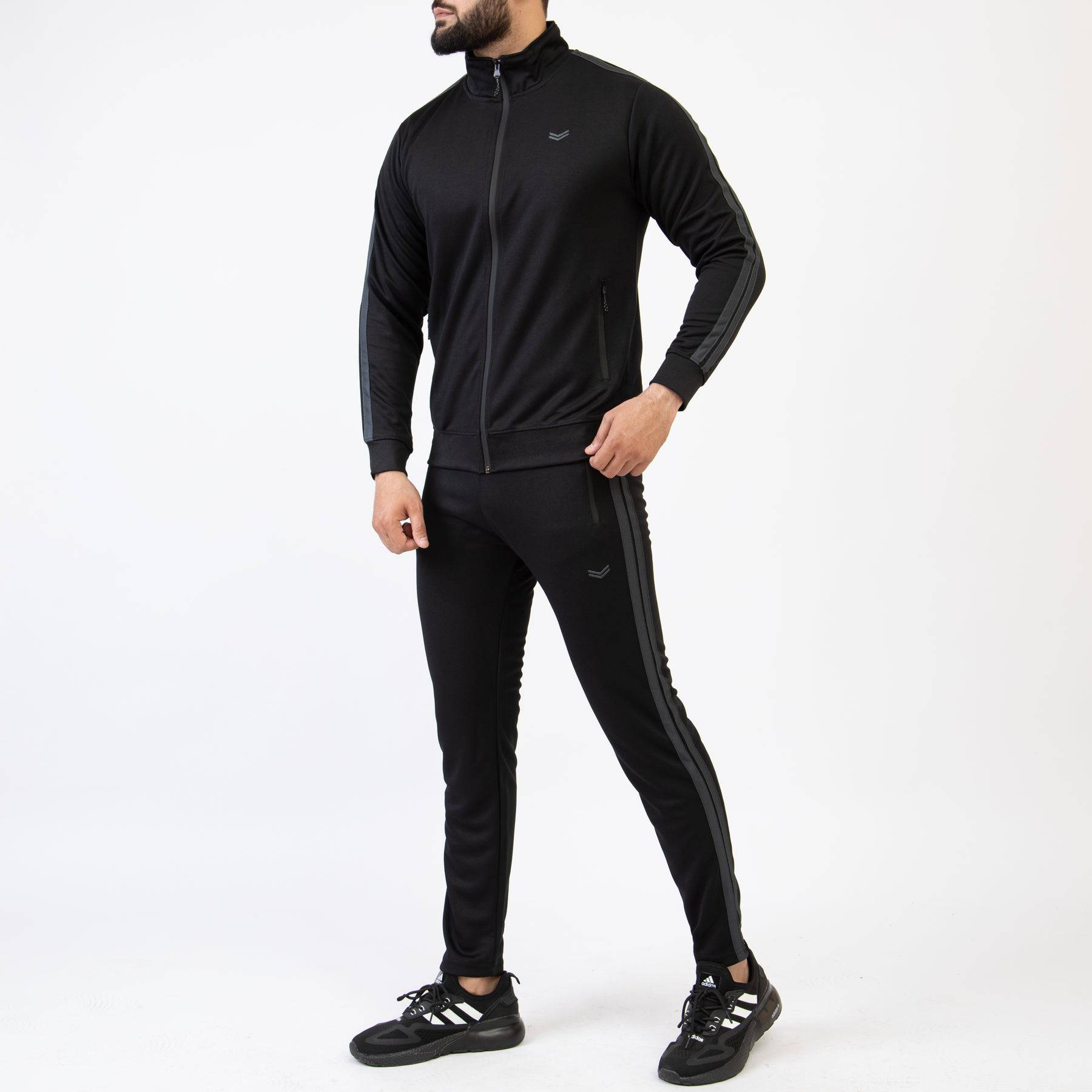 Black Mock-Neck Zipper Tracksuit with Two Gray Stripes - Valetica Sports