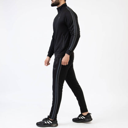 Black Mock-Neck Zipper Tracksuit with Two Gray Stripes - Valetica Sports