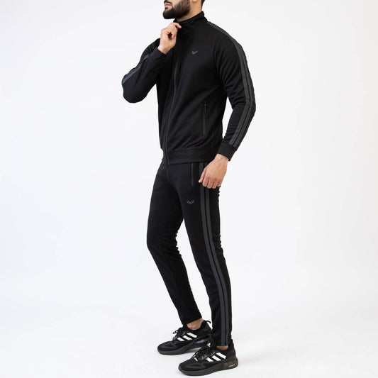 Black Mock-Neck Zipper Tracksuit with Two Gray Stripes - Valetica Sports