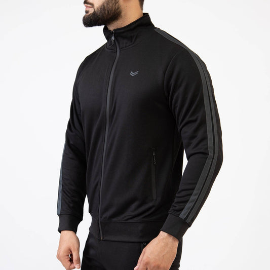 Black Quick Dry Mock Neck Zipper Jacket with Two Gray Stripes - Valetica Sports