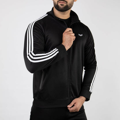 Black Quick Dry Mock Neck Zipper Jacket with White Three Stripes - Valetica Sports