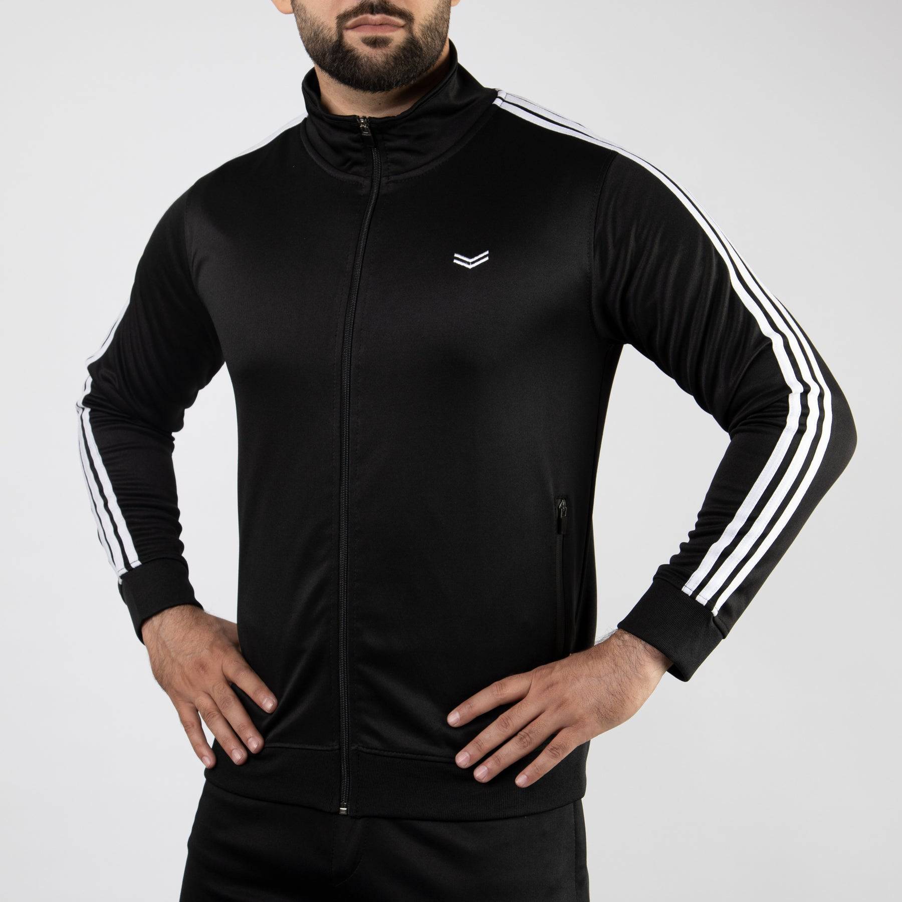 Black Quick Dry Mock Neck Zipper Jacket with White Three Stripes - Valetica Sports