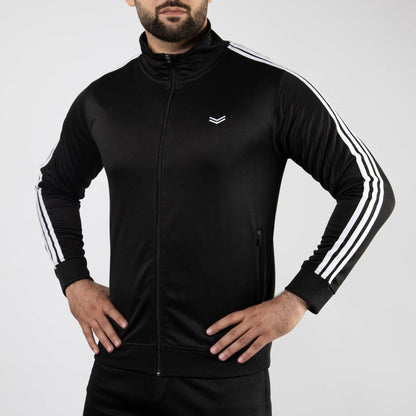 Black Quick Dry Mock Neck Zipper Jacket with White Three Stripes - Valetica Sports