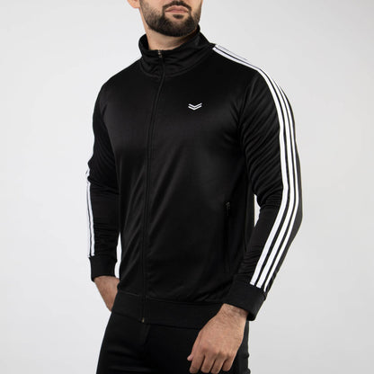 Black Quick Dry Mock Neck Zipper Jacket with White Three Stripes - Valetica Sports