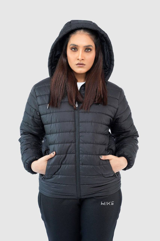 Black Quilted Puffer Jacket with Detachable Hoodie - Valetica Sports