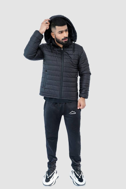 Black Quilted Puffer Jacket with Detachable Hoodie - Valetica Sports