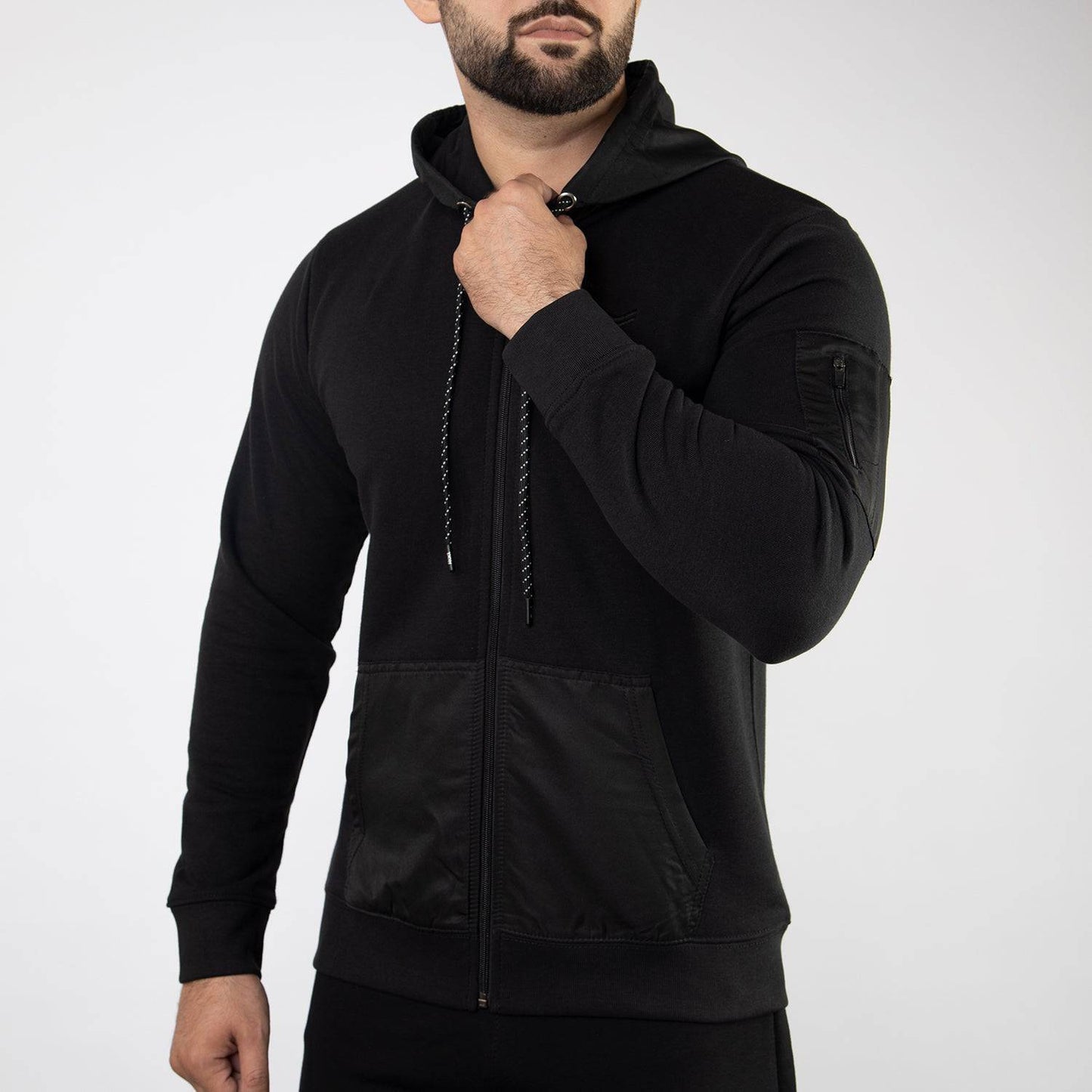 Black Terry Jacket with Micro Hoodie & Pockets - Valetica Sports