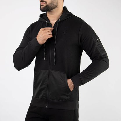 Black Terry Jacket with Micro Hoodie & Pockets - Valetica Sports