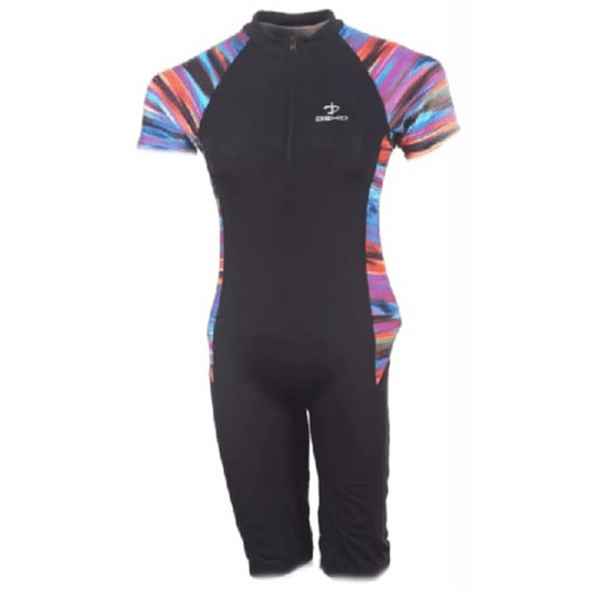 Deko Women Swimming Short Sleeves Suit (one piece) - Black with Mixed Pattern - Valetica Sports