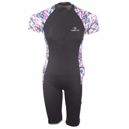 Deko Women Swimming Short Sleeves Suit (one piece) - Black with Turqoise & Red Pattern - Valetica Sports