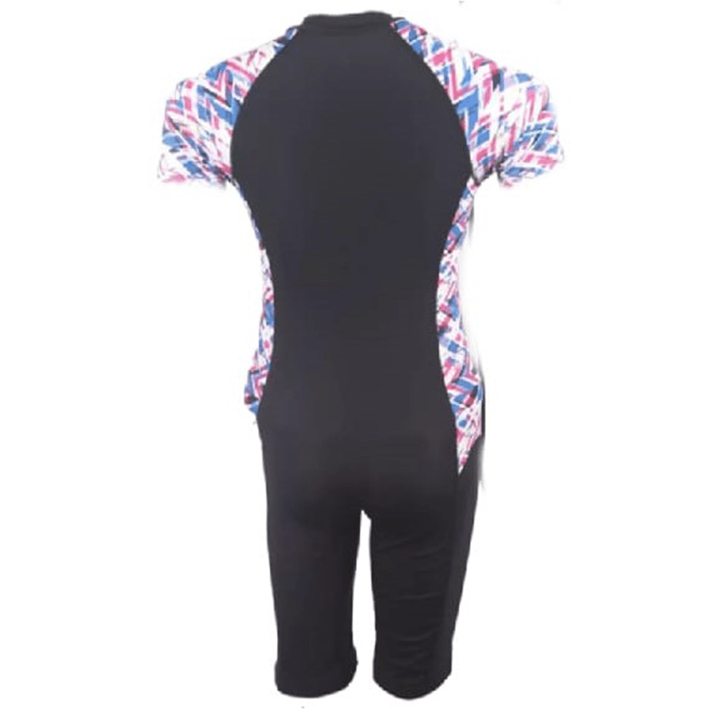 Deko Women Swimming Short Sleeves Suit (one piece) - Black with Turqoise & Red Pattern - Valetica Sports