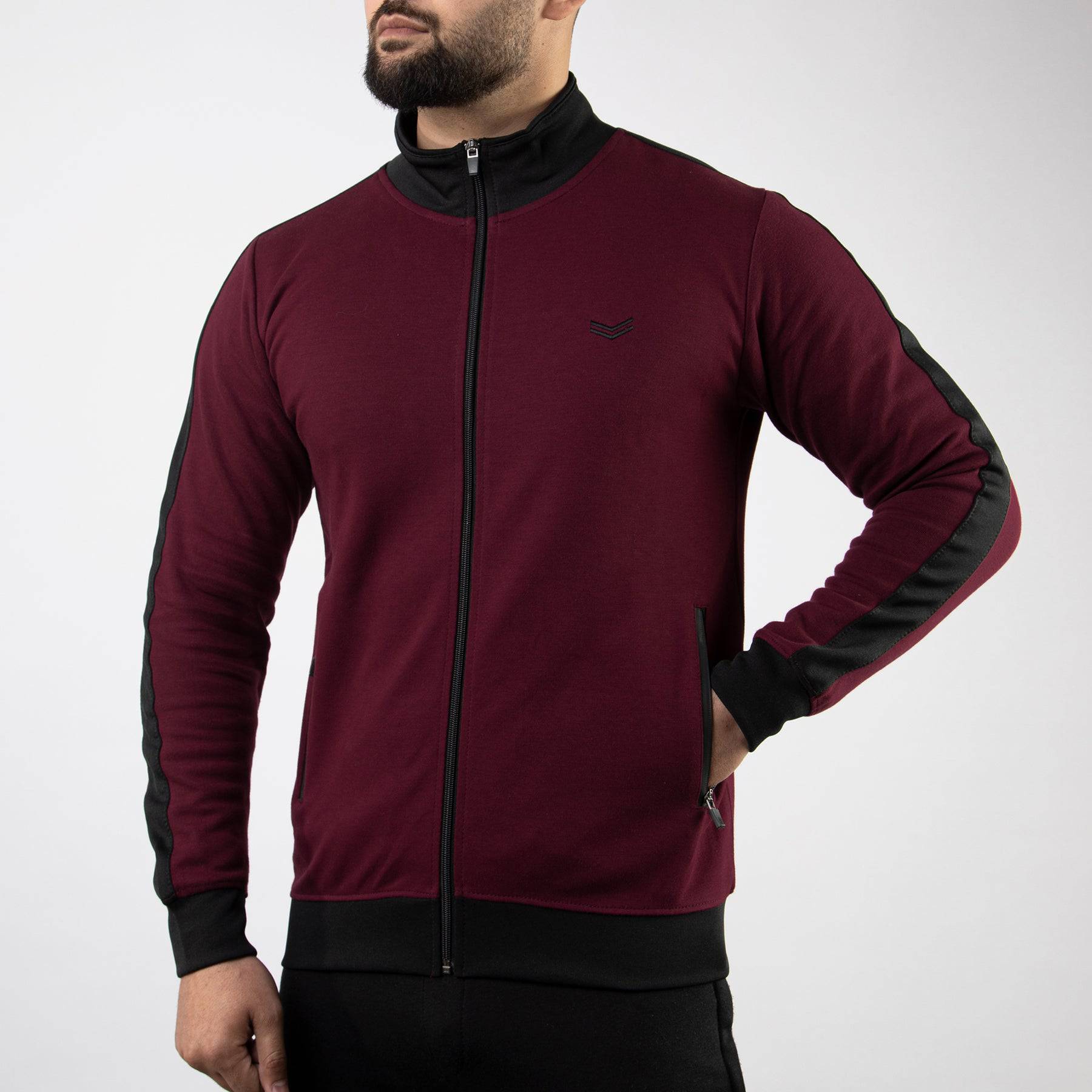 Maroon Cotton Interlock Jacket with Black Panels - Valetica Sports