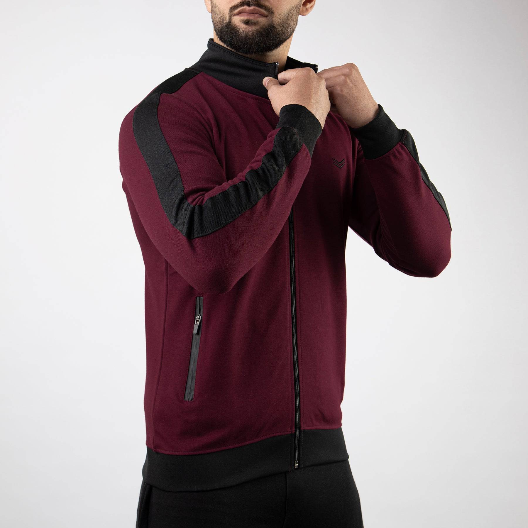 Maroon Cotton Interlock Jacket with Black Panels - Valetica Sports