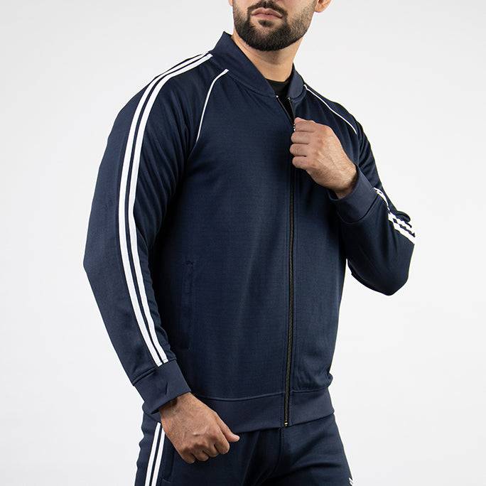 Navy Quick Dry Bomber Collar Jacket with Piping & Stripes - Valetica Sports