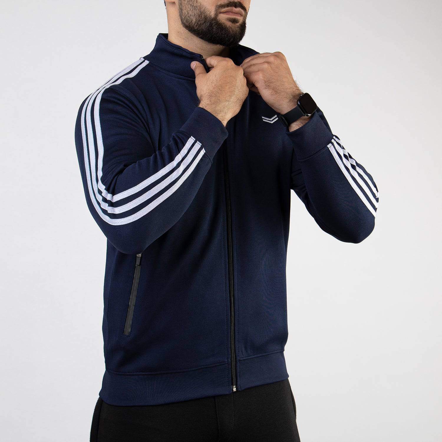 Navy Quick Dry Mock Neck Zipper Jacket with White Three Stripes - Valetica Sports