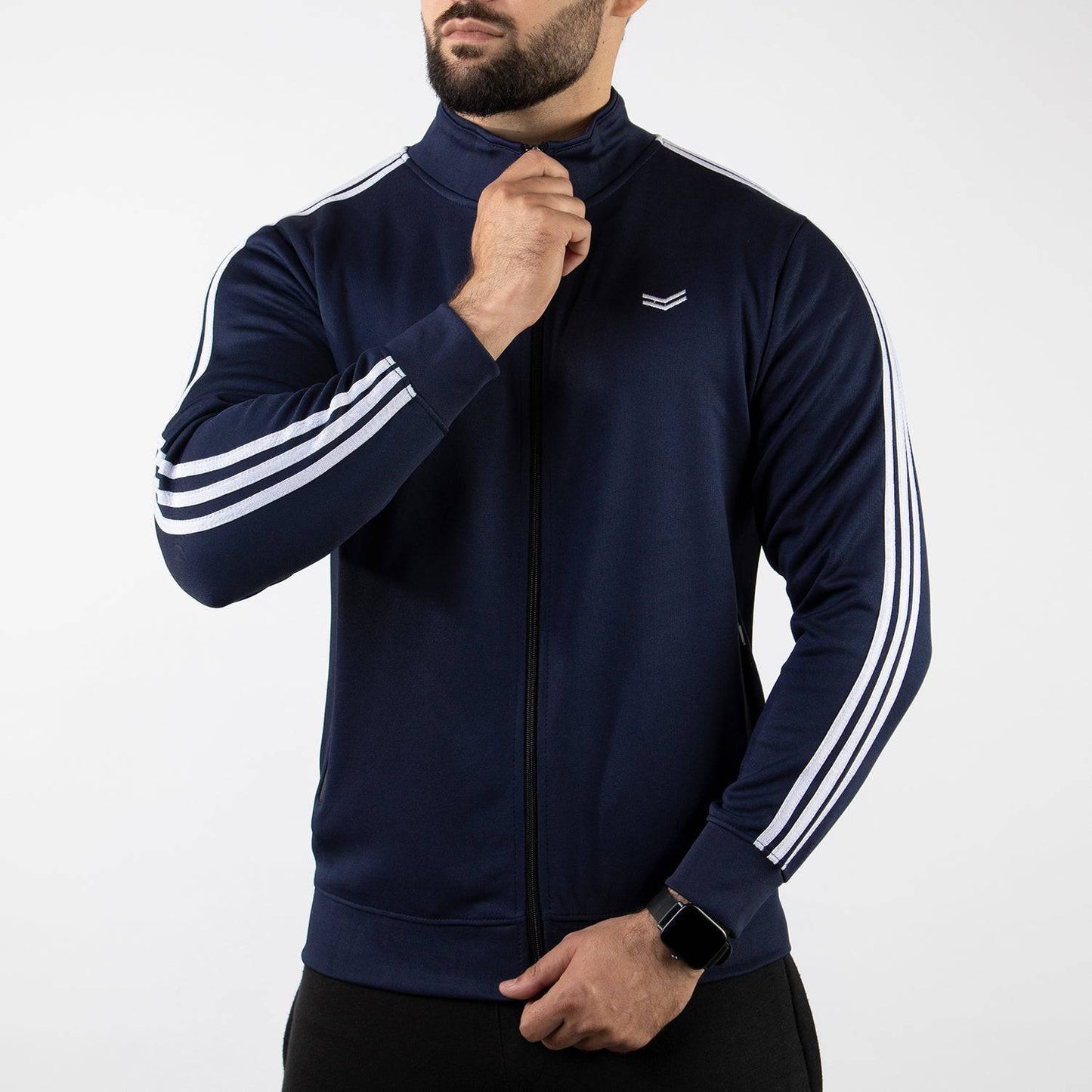 Navy Quick Dry Mock Neck Zipper Jacket with White Three Stripes - Valetica Sports