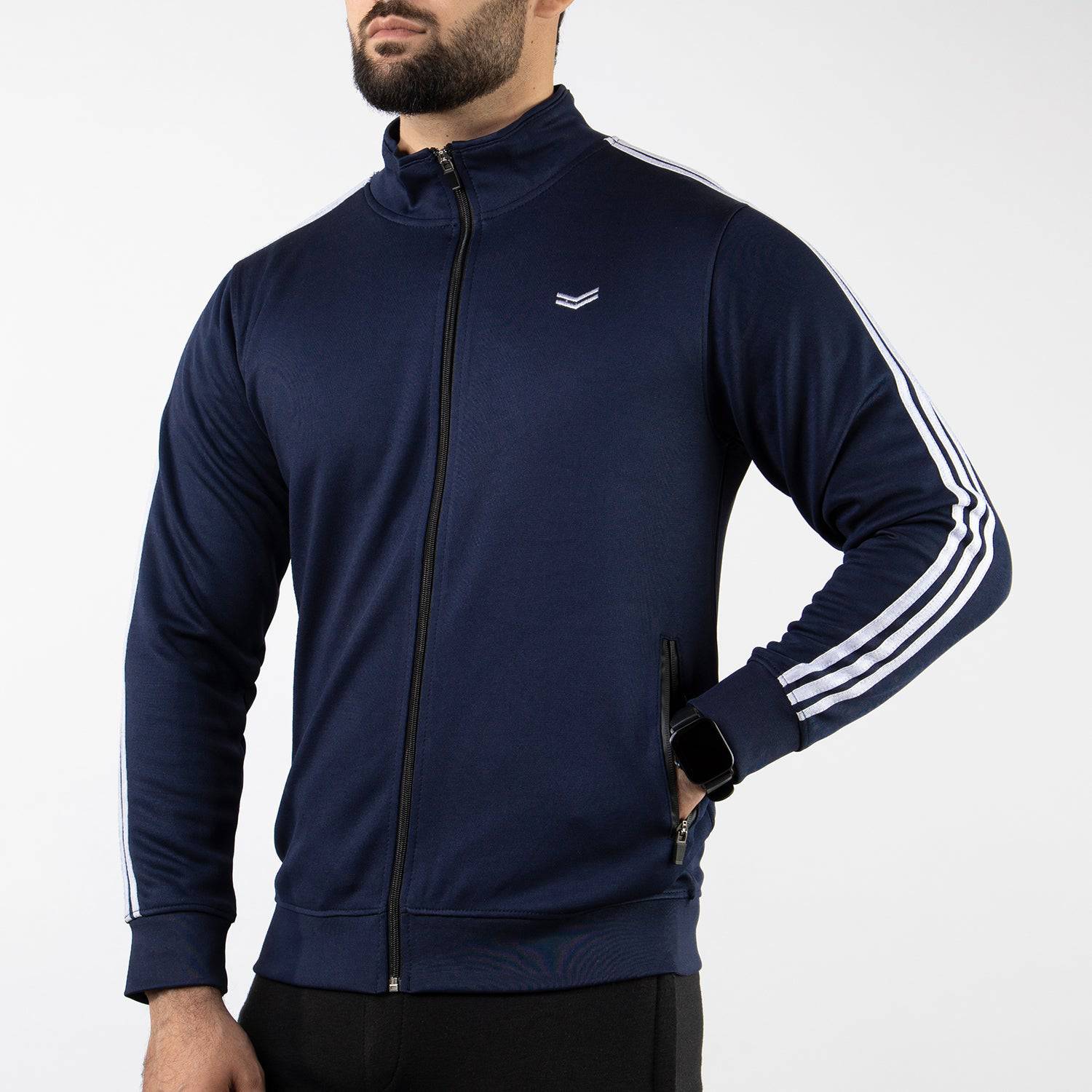 Navy Quick Dry Mock Neck Zipper Jacket with White Three Stripes - Valetica Sports