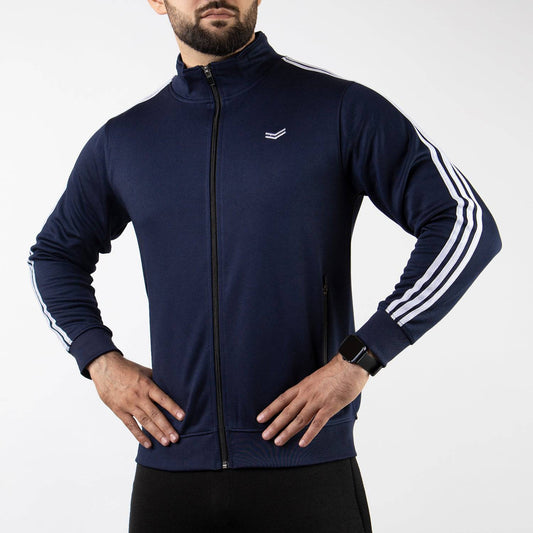 Navy Quick Dry Mock Neck Zipper Jacket with White Three Stripes - Valetica Sports