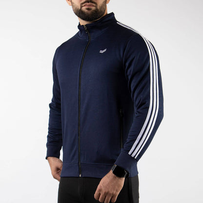 Navy Quick Dry Mock Neck Zipper Jacket with White Three Stripes - Valetica Sports