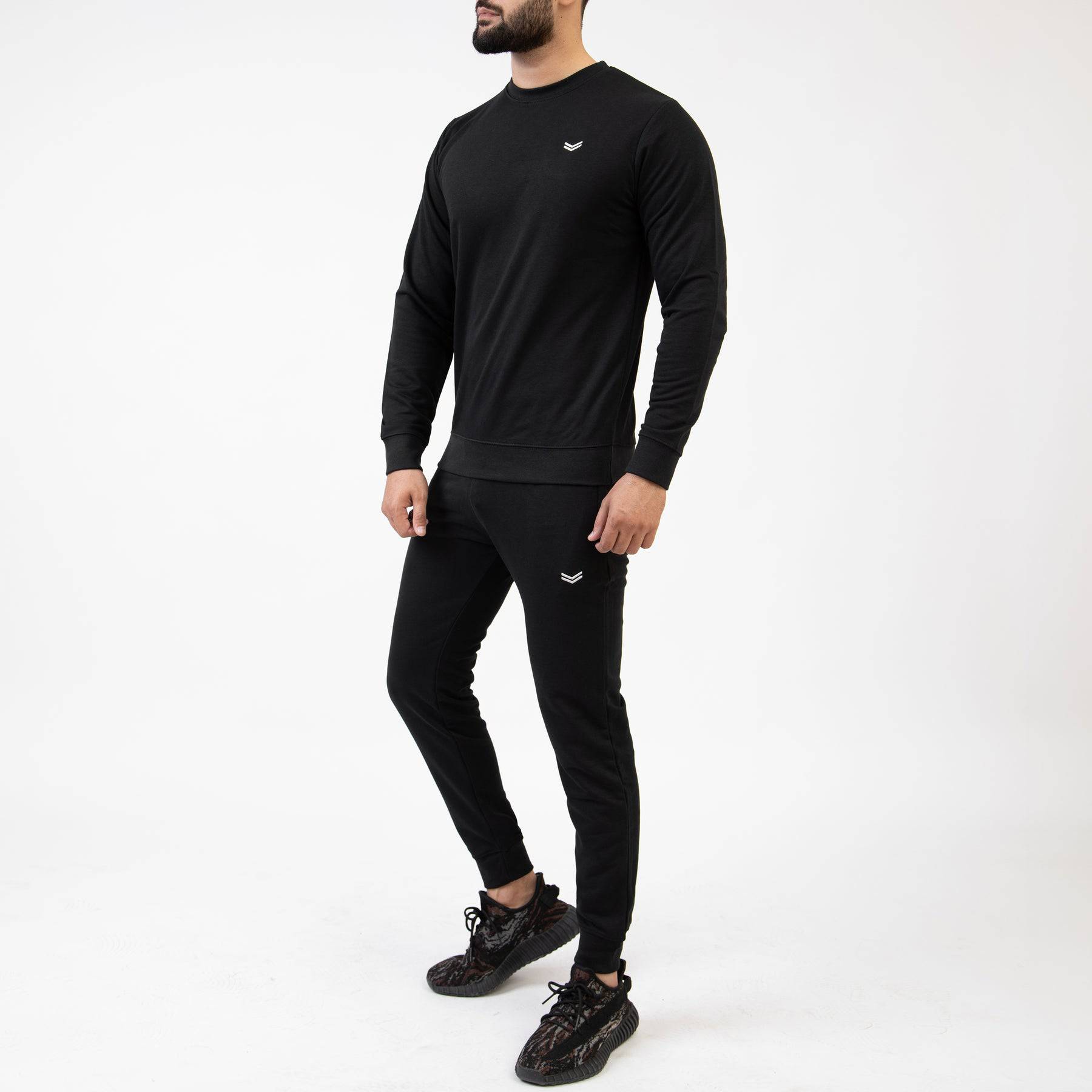 Solid Black Tracksuit with Ribbed Cuff Pants - Valetica Sports