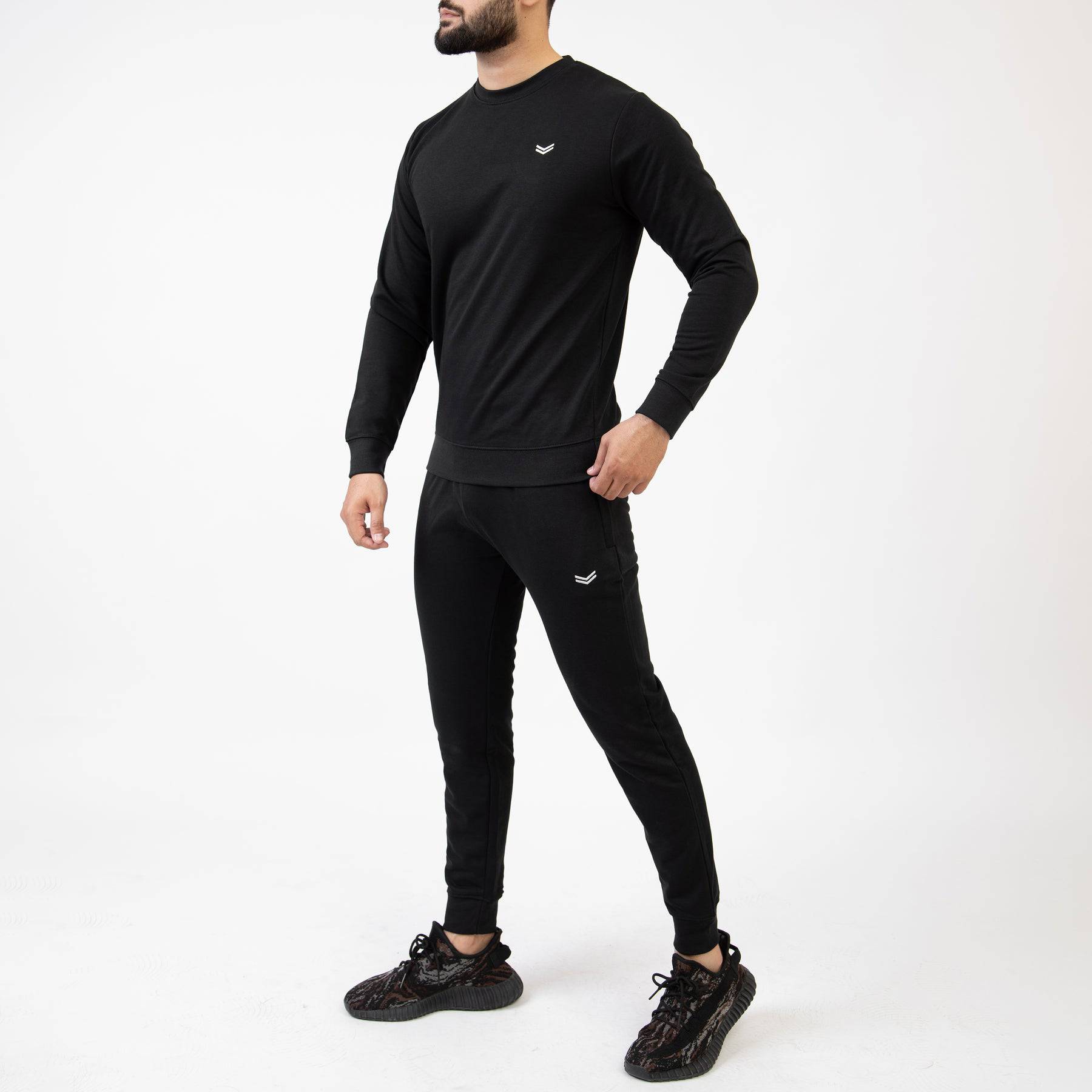 Solid Black Tracksuit with Ribbed Cuff Pants - Valetica Sports